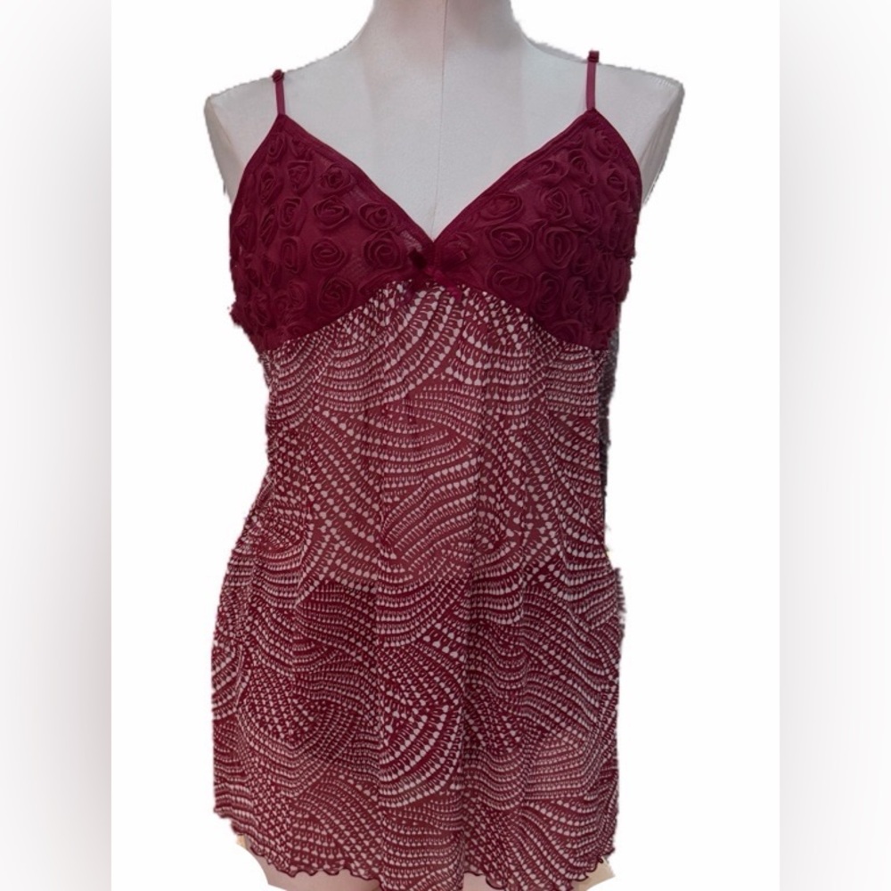 BNWT ELLE Wine Red Rosette Slip Chemise Lingerie babydoll set size XL